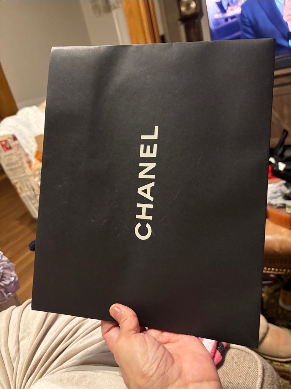 CHANEL Black Paper Shopping Pouch with White Logo
